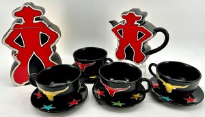 lot 188 image: Dept 56 Longhorn Teapots & Cups & Saucers Set - Black w Red & Yellow Logos