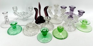 lot 196 image: 12 Assorted Vintage Crystal Glass Candlesticks including Purple Viking Glass