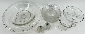 lot 197 image: Vintage Fostoria Clear Glass Pedestal Compote, Salt & Pepper Shakers, 6 Swirl Bowls, Divided Dish and Creamer