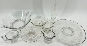 lot 199 image: Vintage Fostoria Clear Glassware Set - Assorted Plates, Bowls, Creamer, Sugar & Champagne Flute