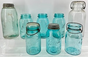 lot 201 image: Ball Mason Jars Aqua Blue Glass - Lot of 8 - Vintage Canning Jars