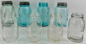 lot 202 image: Vintage Ball Mason Jars Assortment - Blue & Clear Glass with Embossed Logos