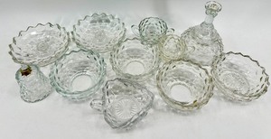 lot 214 image: Vintage Fostoria Glass Crystal Diamond-Cut Decanter & Bowls Set