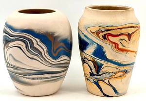 lot 12 image: Nemadji Pottery - American Southwest Pottery Vases - Hand Made Hand Painted Marbled Blue & Tan (Lot of 2)