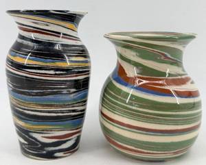 lot 18 image: Vases - Desert Sands Pottery by L Evans - Swirl Stripe Glazed Ceramic Pair