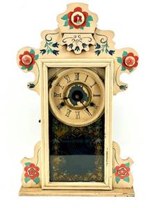 lot 20 image: Antique Mantel Clock - Hand-Painted Floral Case With Glass Door