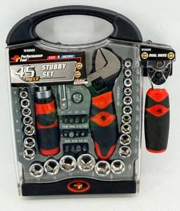 lot 31 image: Performance Tool W39000 45-Piece Stubby Set - Dual Drive Ratchet 14 & 38 -NIB