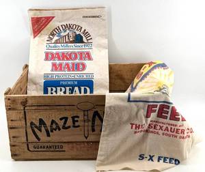 lot 34 image: Vintage Advertising Packaging - Maze Nails Crate with Dakota Maid Bread Flour Bag & S-X Feed Bag