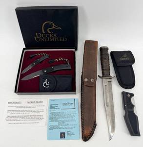 lot 35 image: 3 Knife Set Including -Gerber 600 Fixed Blade Knife Portland -USA with Sheath, U.S.N. MARK 2 & Ducks Unlimited Box Set