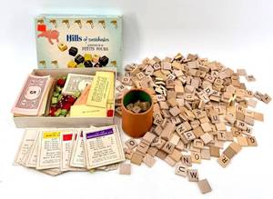 lot 172 image: Hills of Westchester Petits Fours Box, Scrabble Pieces & Vintage Board Game Ephemera Lot