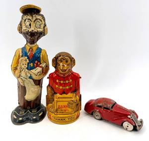 lot 173 image: 1937 Marx B.O. Plenty Walker Tin Figure &amp J. Chein Tin Monkey Bank &amp Schuco Red Tin Car&nbsp