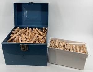 lot 178 image: Wooden Clothespins & Metal Springs - Bulk Assortment in White Tub & Blue Box