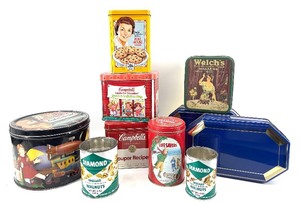 lot 186 image: Vintage Cookie Tin Collection - Campbells Toll House, LifeSavers, Diamond Walnuts, Welchs