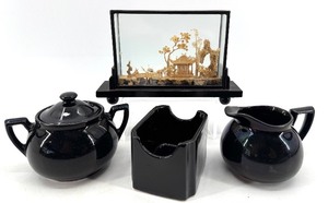 lot 193 image: Hall Pottery Sugar & Creamer Set - Cork Carving Under Glass Diorama - Sugar Packet Caddy