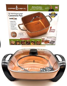 lot 198 image: Copper Chef XL 11-Inch Square Casserole Pan with Glass Lid & Plug-In Electric Fryer