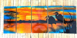 lot 199 image: Signed Five-Panel Wall Art - Flamingos Sunset