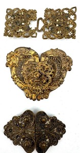 lot 209 image: Antique Filigree Buckles - 3 Pairs, Brass Tone, Floral Openwork