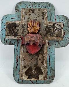 lot 220 image: Sacred Heart Cross Wall Plaque - Distressed Turquoise Wood & Metal Overlay