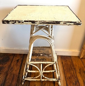 lot 221 image: Vintage White Wicker Plant Stand - 2-Tier Table with Crossed Supports