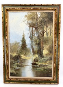 lot 223 image: Josef Kugler Landscape Oil Painting on Canvas - Forest Stream
