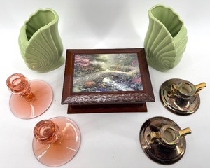 lot 227 image: Vintage Green Shell Vases Pair, Pink Glass Candlesticks, Iridescent Candle Holders & Thomas Kinkade Jewelry Box