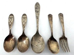 lot 235 image: Vintage Babys Silverware Set - 5-Piece Infant Spoons & Fork with Ornate Handles including Disneys Mickey