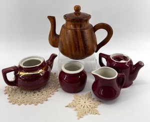 lot 240 image: Hall Burgundy 4-Cup Teapot - Creamer & Sugar Bowl & Wooden Teapot - Made in USA