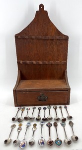 lot 241 image: Antique Wood Wall Shelf with Drawer - Souvenir Spoon Collection