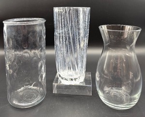 lot 245 image: Crystal Glass Vases - 3-Piece Set Bubble-Embossed Cylinder, Tall Ribbed Vase, Hurricane-Style Vase