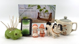 lot 248 image: Green Ceramic Pig Toothpick Holder with Wooden Stand & Assorted Porcelain Figurines