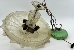 lot 38 image: Vintage Fluted Glass Shade Ceiling Lamp with Green Base & Chain