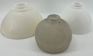 lot 40 image: Three Vintage Glass Lamp Shades - White Opal & Beige Ribbed