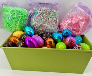 lot 52 image: Plastic Easter Eggs & Grass - Multicolor Foil Eggs in Green Metal Tub