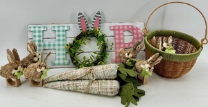 lot 53 image: HOP Easter Sign & Wreath with Bunny Ears - Rustic Wood Wall Decor and More