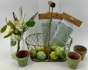 lot 54 image: Wire Fruit Basket - Faux Eggs, Glass Vase & 3 Green Pots