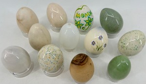 lot 55 image: Eggs Marble, Glass & Wood - Assorted Decorative Eggs (Lot of 12)