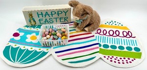 lot 56 image: Cow Easter Decor Set - Happy Easter Sign & Egg Table Decor & Wooden Eggs