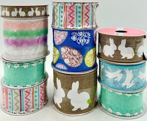 lot 64 image: New -Ribbon Spool Assortment - Bunny Print Burlap, Leaf & Stripe Patterns (Lot of 10)