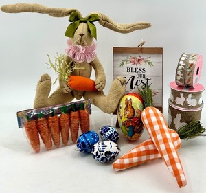 lot 66 image: Easter Decor - Bunny Plush & Nest Sign, Carrot Props & Decorative Eggs including Vintage German Egg