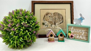 lot 69 image: Framed Jean Haefele Rabbit Print & Pastel Birdhouse Decor Set - Bunny Trail Sign & Floral Accents
