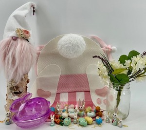 lot 70 image: Assorted Easter Decor Purple Glass Bunny Nesting Dish, Bunny Eggs & Gnome Figurine Set