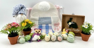 lot 71 image: Easter Decor Set - Moss Bunny Plaque & Gnome Figurine & Painted Eggs & Flowers