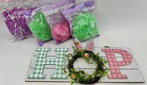 lot 74 image: HOP Easter Sign with Wreath on Wood Board & Artificial Grasses