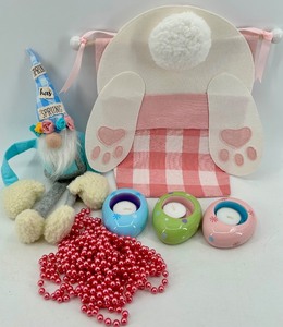 lot 77 image: Assorted Easter Decor - Bunny Wall Hanging, Gnome & Tealight Holders with Pink Beads
