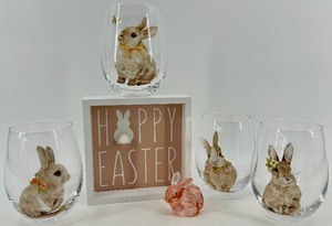 lot 78 image: Pier 1 Bunny Glasses with Happy Easter Sign & Pink Bunny Candle Holder