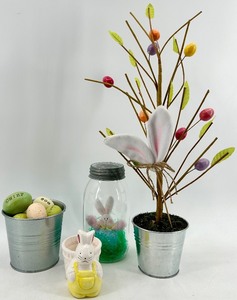 lot 79 image: Easter Decor Set Bunny Figurine in Yellow Dress, Glass Jar with Bunny, Egg Bucket & Easter Tree
