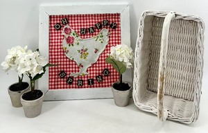 lot 81 image: Country Farmhouse Spring Decor Set - Framed Chicken Art & 3 Hydrangeas & Wicker Basket (Lot of 5)