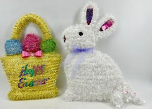 lot 82 image: Giant Easter Bunny Plush & Decor Bundle - Basket, Colorful Eggs & Happy Easter Sign