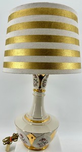 lot 98 image: Vintage Floral Porcelain Table Lamp with Gold Trim & Striped Shade