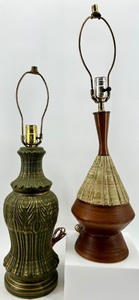 lot 99 image: Vintage Mid Century Lamps - Green Glazed Ceramic Table Lamp & Beige Ribbed Table Lamp (Lot of 2)